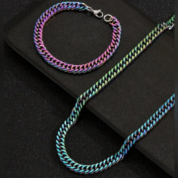 New! MEN'S Black Rainbow Stainless Steel Cuban Link Necklace & Bracelet Set. - Picture 2 of 5
